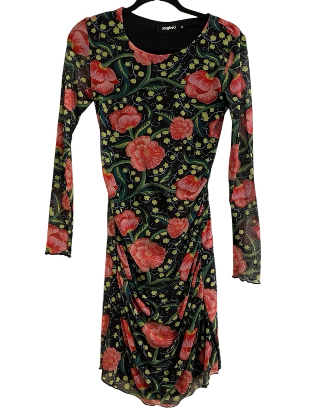 Desigual Black Mesh Dress Pink Green Botanical Floral Print Ruched Stretchy XS